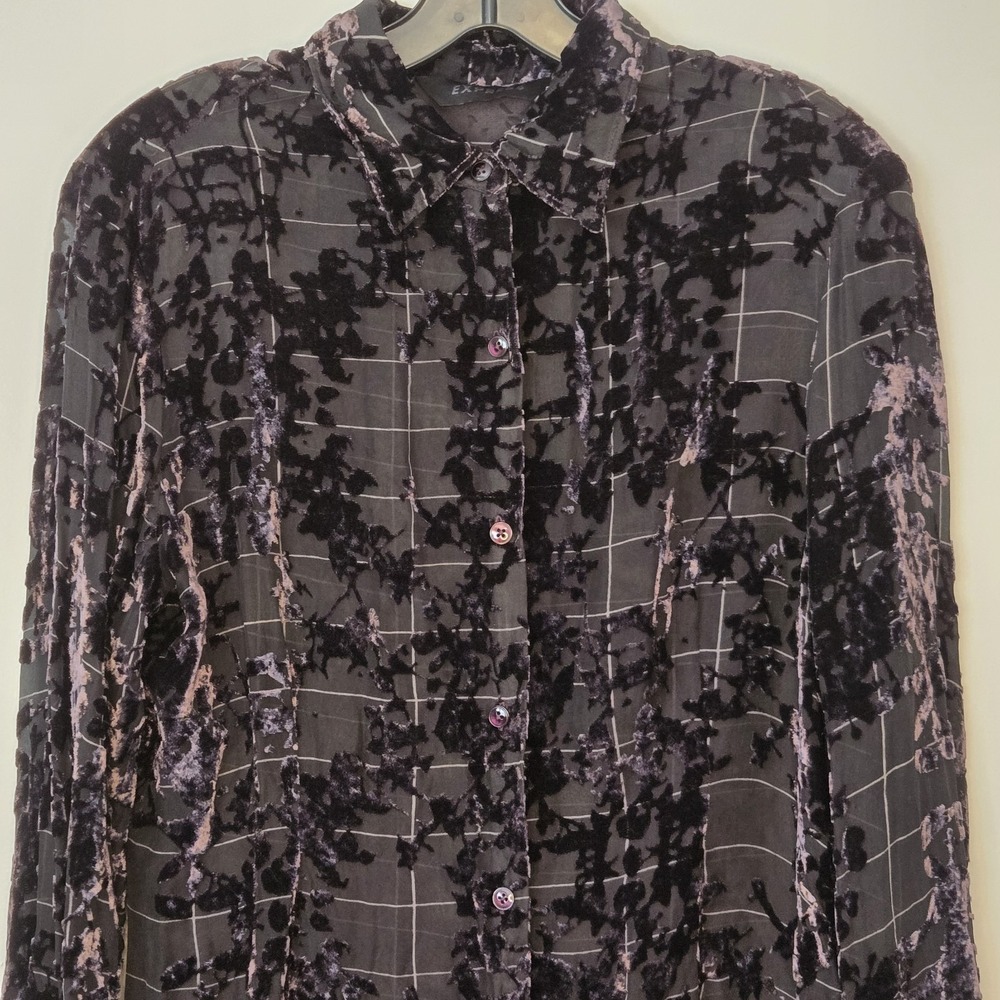 Vtg Express Silk Blend Purple Burnout Velvet Blouse Black Sheer Medium Goth Y2k